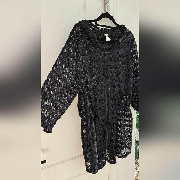 Black Lace Hooded Zip Up Top/ Swim Cover-Up - Picture 4 of 5